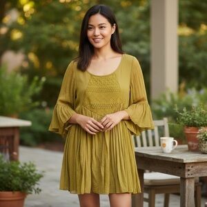 J. Gee Mustard Yellow Boho Bell Sleeve Tunic Dress – Size M